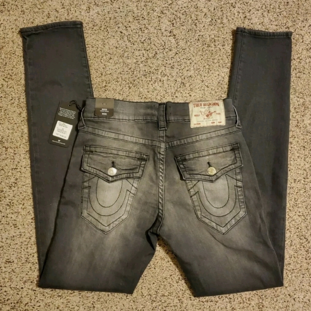 TRUE RELIGION Relaxed Skinny Fit Grey Wash Flap Pocket Mens Jeans - Picture 1 of 5